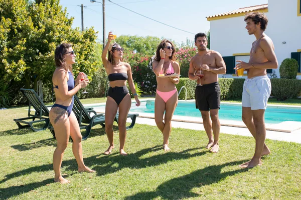 Amigos alegres festejando no quintal — Fotografia de Stock