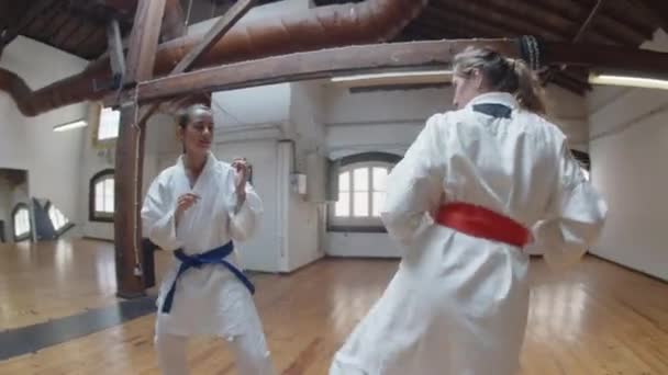 Håndholdt skud af karatekas øve karate i gymnastiksalen – Stock-video