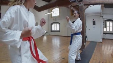 Beden eğitiminde karate yapan neşeli kızların el kamerası görüntüleri.