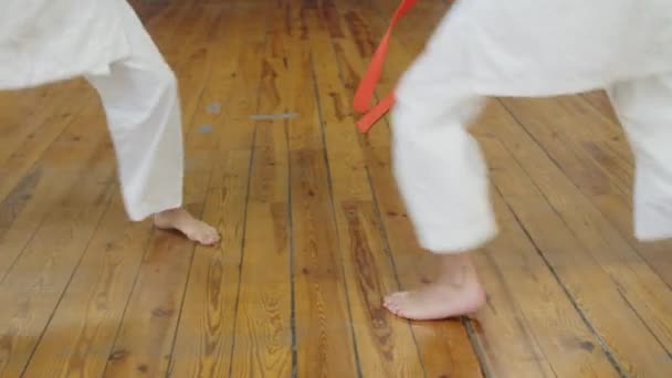 Primer plano de karatekas piernas luchando en el gimnasio — Vídeos de Stock