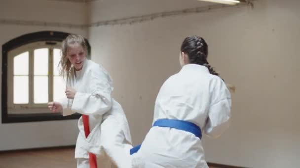 Отслеживание сфокусированных девушек, занимающихся карате в спортзале — стоковое видео