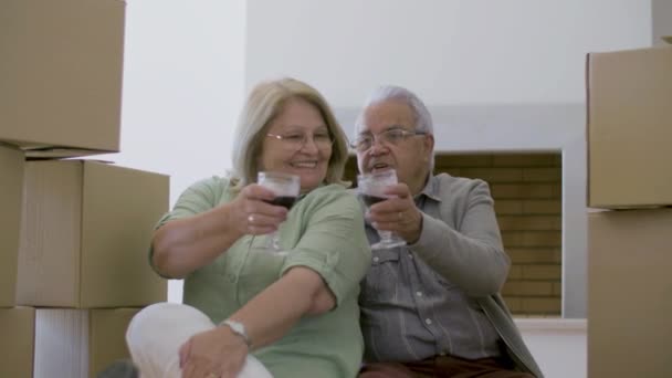 Χαριτωμένο ζευγάρι ηλικιωμένων κάθεται στο πάτωμα και τσούξιμο ποτήρια κρασί — Αρχείο Βίντεο
