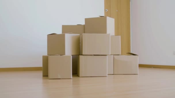 Stack of cardboard boxes for moving in empty luxury house — Stock Video