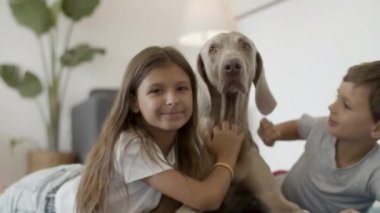 Mutlu kız ve erkek evde sevimli köpeklerine sarılıp öpüşüyorlar.