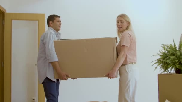 Żona i mąż niosą duże pudełko do nowego domu razem — Wideo stockowe
