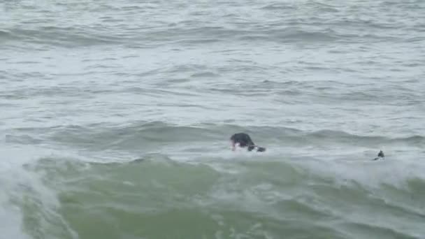 Surfista feliz con pierna artificial nadando en tabla de surf en el océano — Vídeos de Stock