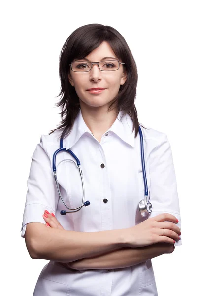 Medico donna in abito medico bianco e uno stetoscopio — Foto Stock