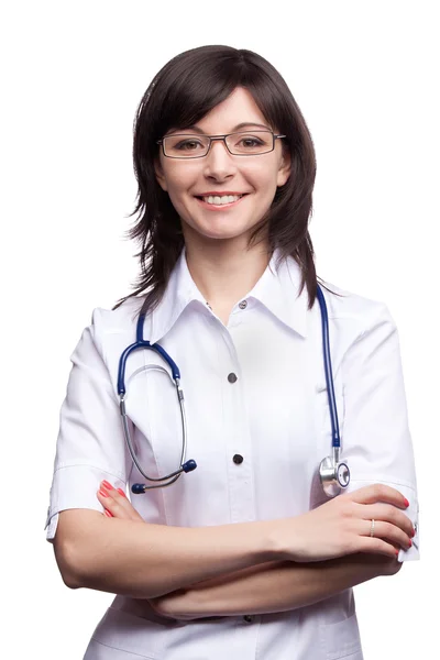 Doktor kadın beyaz tıbbi cüppe ve bir steteskop