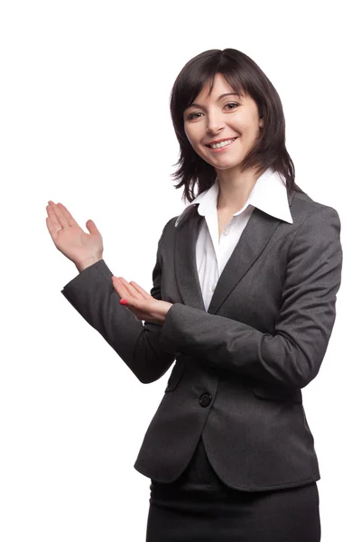 Woman in suit outstretching her hands — Stock Photo, Image