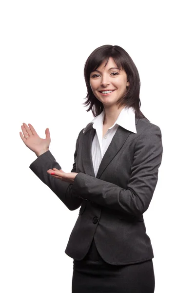 Woman in suit outstretching her hands Stock Picture