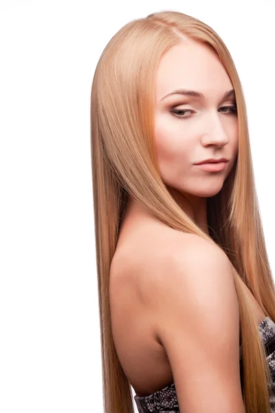 Vrouw met rechte lang blond haar — Stockfoto
