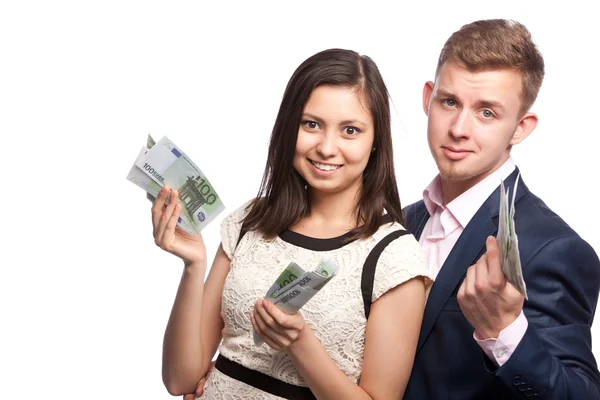 Homem e mulher com dinheiro nas mãos — Fotografia de Stock