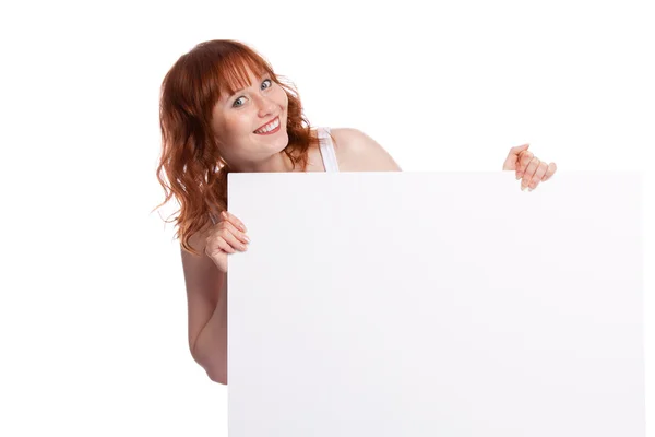 Kadın holding boş beyaz tahta — Stok fotoğraf