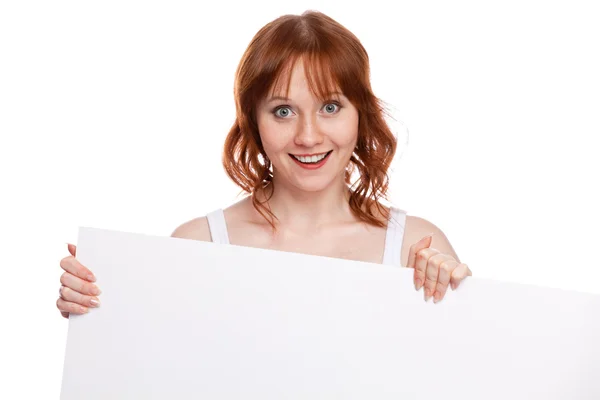 Mulher segurando placa branca vazia — Fotografia de Stock