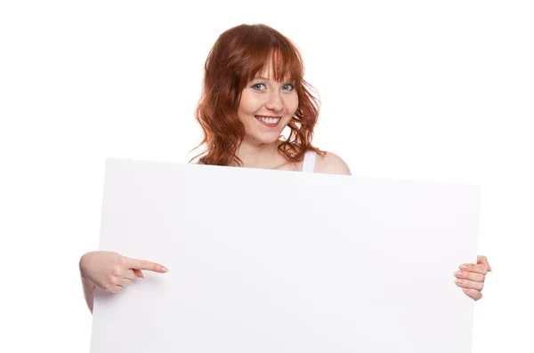 Woman holding blank billboard — Stock Photo, Image