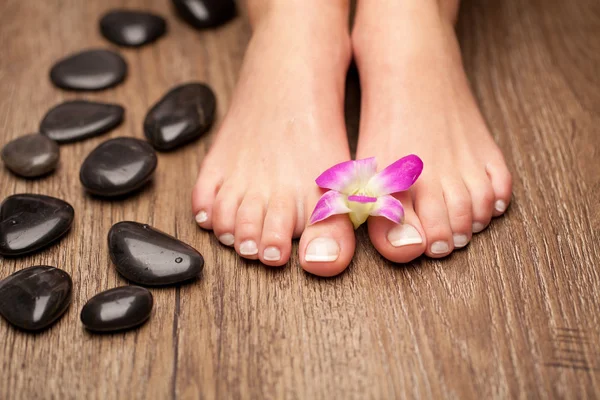 Ontspannende roze manicure en pedicure met een orchideebloem — Stockfoto