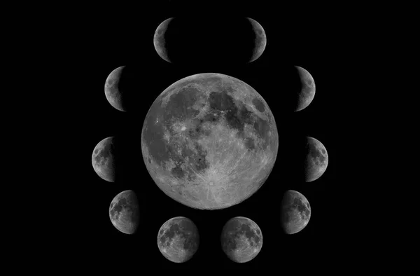 Volle Maan Met Zijn Fasen Zwarte Achtergrond — Stockfoto