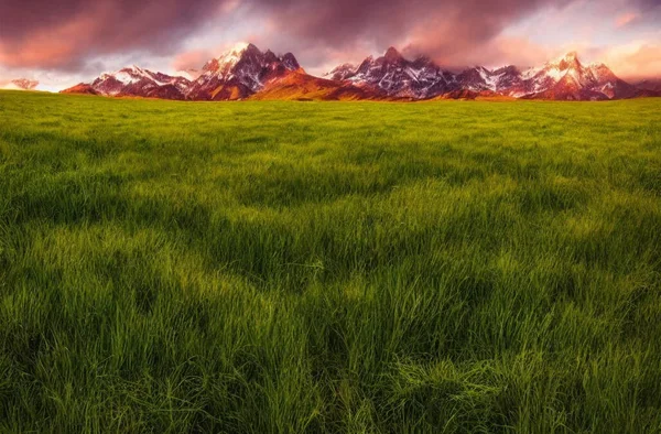 Hermoso Campo Verde Con Montañas Fondo Hecho Por — Foto de Stock