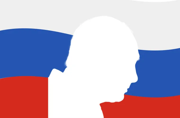 普丁总统阴影下的俄罗斯国旗 — 图库照片