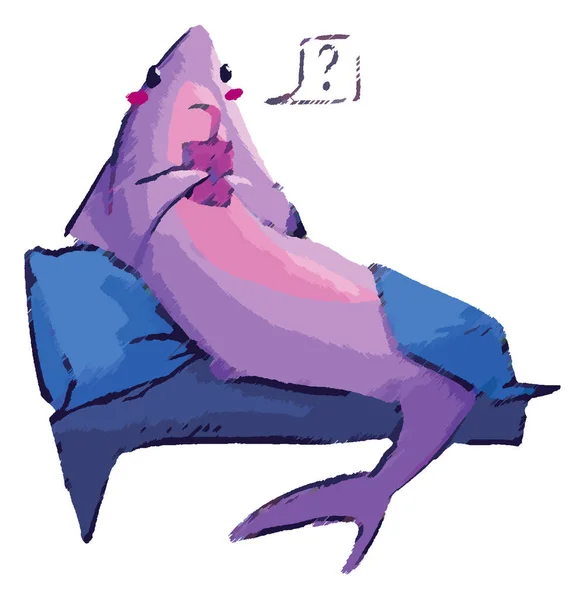 Köpekbalığının vektör çizimi. Şirin bir köpekbalığı yumuşak bir yatağa oturur ve meyve suyu içer. Etrafta neler olup bittiğini anlamıyor..