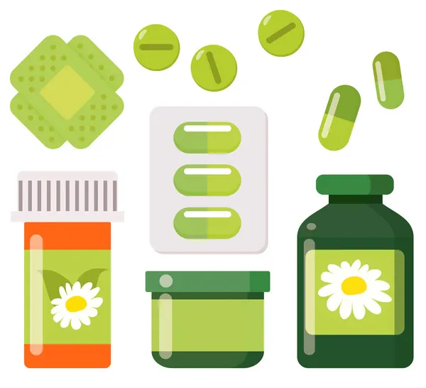 Alternatif tıp, homeopati, haplar, ilaç şişeleri, bitkisel ilaçlar..