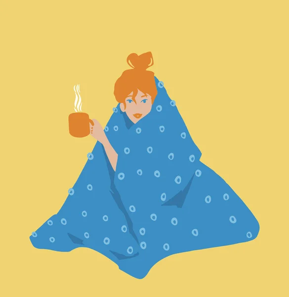 Ekoseli bir kız çay içiyor, evde kalıp resimlerini çiziyor.