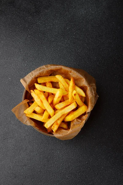 Frites Pomme Terre Vue Dessus Frites Sur Bol Bois Sur — Photo