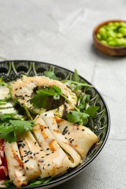Kalamar ve taze sebzeli avacado salatası. Kopya alanı ile yakın plan..
