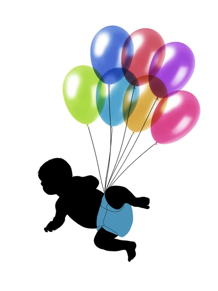 Baby flying on balloons — Stock Photo, Image