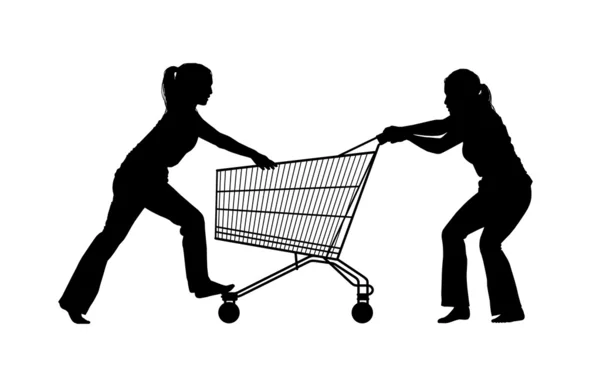 Silhouette de deux femmes se battant pour un caddy shopping — Photo