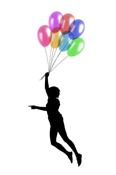 Young woman flying with balloons — Stock Photo, Image