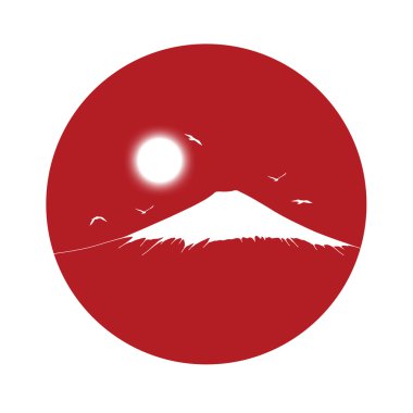 fuji Dağı bir kırmızı güneş arka planda silüeti