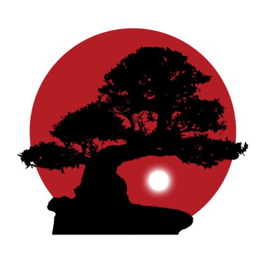 kırmızı güneş arka plan üzerinde bir bonsai silüeti