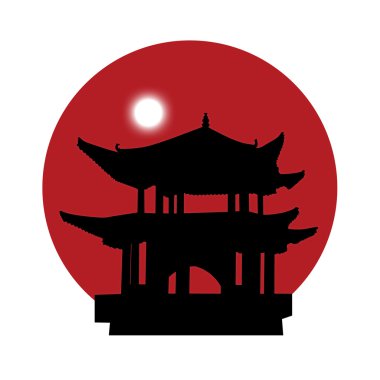 pagoda güneş kırmızı zemin üzerine silüeti