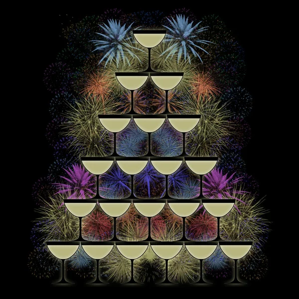 Pyramid of champagne glasses on a firework background — Stock Photo, Image