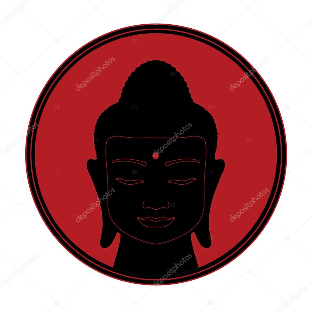 silhouette of a buddha head on a red sun background