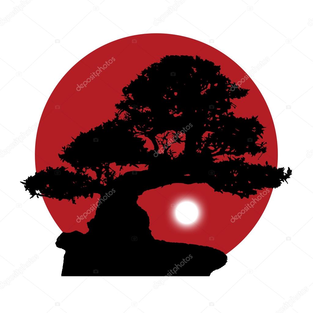 silhouette of a bonsai on a red sun background