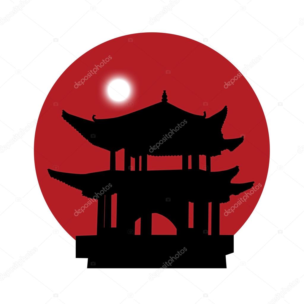 Black silhouette of a japanese pagoda with a rising white moon on a red sun background