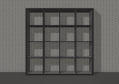 gri tuğla duvar arka plan üzerinde siyah boş kare bookshelf