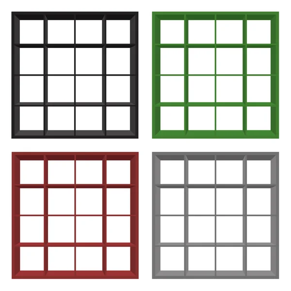 Set of four empty square bookshelfs in black, grey, red and gree — Stock Photo, Image