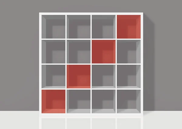 Weißes, leeres quadratisches Bücherregal mit roten diagonalen Elementen auf grau — Stockfoto