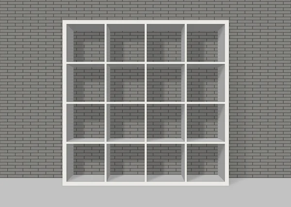 White empty square bookshelf on grey brick wall background — Stock Photo, Image