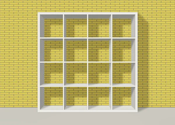 Libreria quadrata bianca vuota su fondo parete mattone giallo — Foto Stock