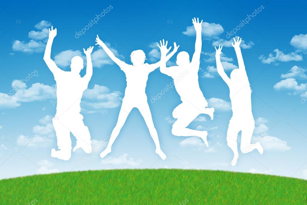 happy jumping in joy on a blue sky background