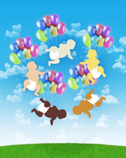 5 个孩子不同的人类种族上彩色气球飞行 — 图库照片