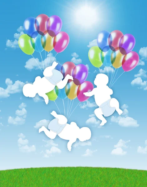 Nyfödda trillingarna flyger på färgglada ballonger i himlen — Stockfoto