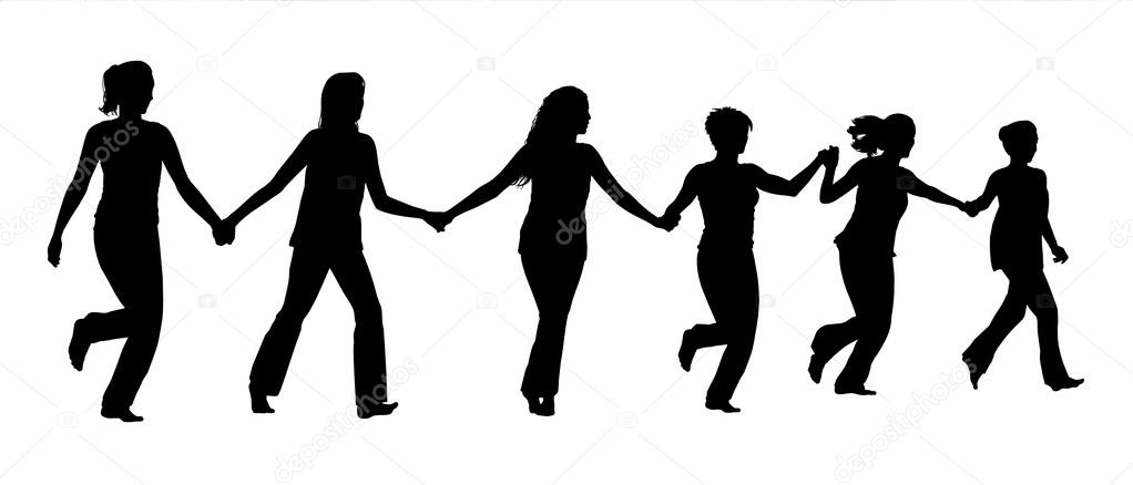 group of women holding hands and running together