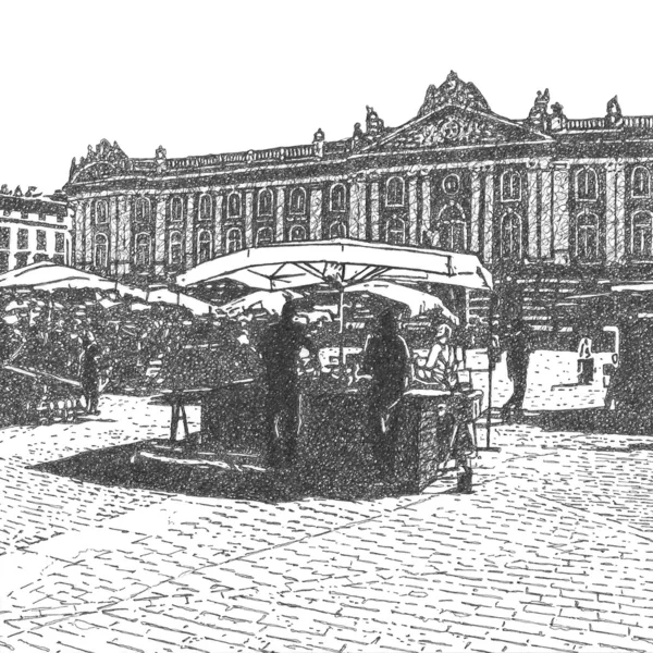 Artistic drawing of a sunday market on old city square — Stock Photo, Image