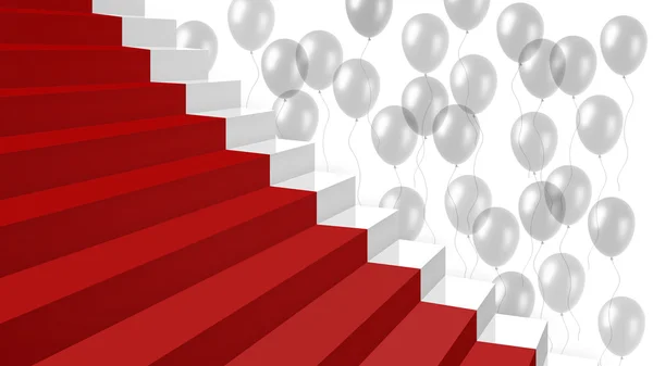 Escaleras blancas con alfombra roja y globos blancos sobre fondo —  Fotos de Stock