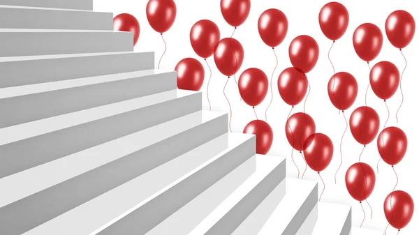 Close-up white glossy stairs with red balloons on background — Stock Photo, Image